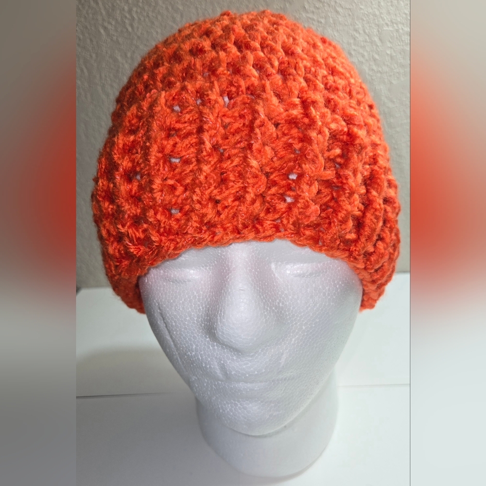 Handmade Orange Knit Beanie L/XL
